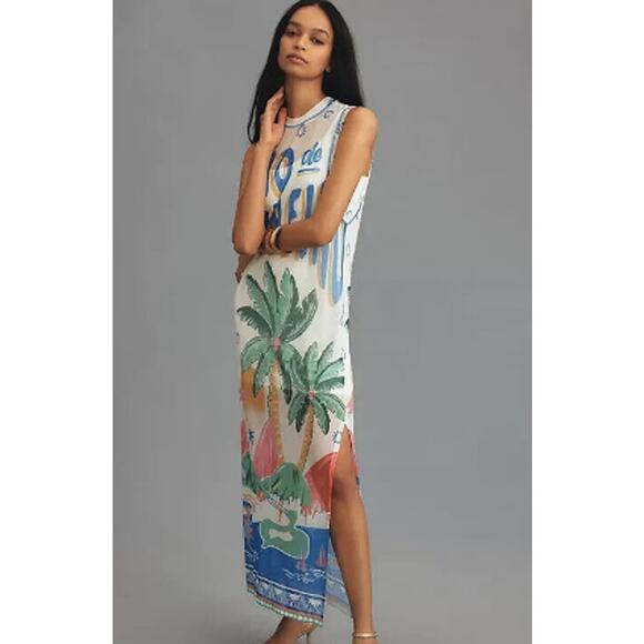 Farm Rio Womens Rio De Janeiro Graphic Mesh Midi Dress Multicolor Size XL NEW - Picture 2 of 9